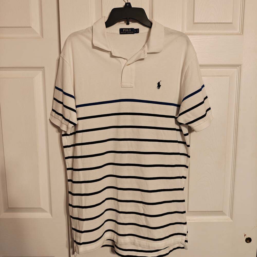 Polo Ralph Lauren Men's White and Blue/Black Striped Short Sleeve Polo Size L
